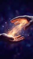 Human hands protecting glowing energy sphere with geometric patterns against starry space background for spiritual and technology concepts.