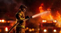 Firefighter in protective gear spraying water on intense flames during emergency response operation at night with dramatic orange glow and smoke.