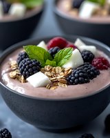 Healthy acai smoothie bowl topped with fresh blackberries, coconut flakes, granola and mint leaves for nutritious breakfast or snack meal.