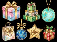 Watercolor Christmas clipart set with gift boxes, ornaments, star, and tags isolated on transparent background. Great for stickers, t-shirt design, and print on demand.