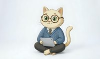 Professional tabby cat character wearing glasses and business suit sitting cross-legged with tablet computer on white background for design projects.