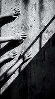 Multiple hands pressing against a rough concrete wall in dramatic black and white light and shadow, evoking fear, escape, or social struggle.