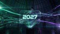Young adult male, Caucasian appearance, wearing casual attire, interacting with holographic 2027 display in futuristic digital environment with neon green and purple light streams for technology, innovation, and future planning concepts.