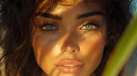 Close up portrait of young mixed race woman with glowing sun-kissed skin, green eyes, and natural makeup in warm golden sunlight through tropical foliage.