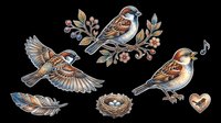 Sparrows and finches with nest, feathers, and heart on transparent background. Ready for t-shirt designs, clipart, stickers, sublimation, and print-on-demand projects.