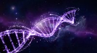 Glowing purple DNA double helix structure floating in cosmic space with stars and nebula background for scientific research and biotechnology concepts.