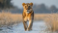 Female lioness walking through frosty winter grassland at dawn, golden morning light illuminates her fur as she prowls through misty savanna landscape.