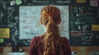 Young female teacher with blonde ponytail standing in front of classroom chalkboard with educational notes and diagrams, wearing burgundy sweater, back view perspective.