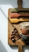 Colorful silicone spatulas and copper measuring spoons arranged on rustic wooden cutting board with ceramic bowls for cooking and baking preparation.