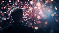 Silhouette of person observing glowing network connections and bokeh lights against dark background, representing digital transformation and future technology.