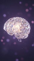 Glowing crystal brain with neural network patterns on purple bokeh background for neuroscience and artificial intelligence concepts.