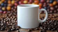 White ceramic coffee mug surrounded by scattered roasted coffee beans on wooden surface with blurred warm-toned background, creating cozy morning atmosphere.