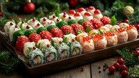 Festive sushi rolls platter decorated with red caviar and cranberries on wooden board with Christmas ornaments and pine branches in background.
