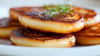 Caramelized turnips glazed to golden brown perfection, garnished with fresh dill on white plate. Close up view shows rich color and texture of roasted root vegetables.