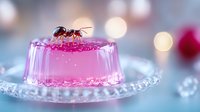Ant exploring pink jelly dessert on crystal plate with soft bokeh background, showcasing nature's curiosity in human environment.