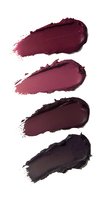 Burgundy and wine-colored lipstick smear swatches on white background, showing gradient from dark to light shades. Isolated cosmetic texture samples.