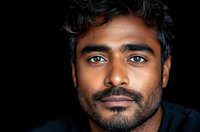 Close up portrait of young South Asian man with dark curly hair and beard against black background showing confident gentle smile and warm expression.
