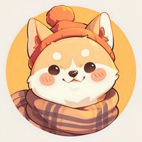 Adorable Shiba Inu puppy wearing winter knit hat and plaid scarf, drawn in kawaii anime style with round rosy cheeks against orange circular background.