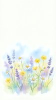 Soft watercolor wildflower meadow with daisies, lavender, and buttercups in pastel tones on a white background, isolated for cards and prints.