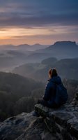 Woman with long brown hair wearing dark blue jacket sitting on rocky cliff edge overlooking misty forested mountain valley at sunrise, contemplative travel and adventure concept for hiking and outdoor exploration.