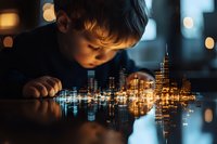 Young Caucasian boy gazing at glowing miniature city skyline reflection on dark glossy surface, creating magical atmosphere with bokeh lights in background.