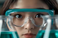 Close up portrait of Asian female scientist wearing protective turquoise safety goggles in laboratory setting, focused on research and scientific work.