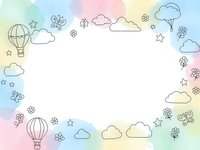Pastel rainbow gradient frame with hand-drawn clouds, hot air balloons, flowers and stars creating whimsical border on white background for children design.