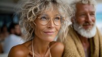 Mature blonde woman with curly hair and glasses smiling warmly with bearded senior man in background. Represents aging gracefully, retirement lifestyle.