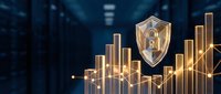 Golden financial charts with security shield and padlock icon representing protected investment growth and data privacy in digital business analytics.