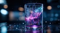 Glowing pink and blue liquid splashing inside glass with magical sparkles and bokeh background creates mystical atmosphere for beverage advertising.