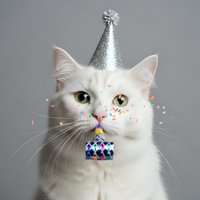 White cat wearing silver party hat and colorful bow tie, blowing confetti, celebrating with festive decorations and cheerful expression for holiday and birthday designs.