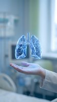 Digital holographic lungs floating above doctor's hand in modern medical facility representing respiratory health and pulmonary care innovation.
