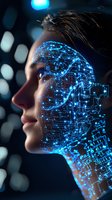 Young Asian woman profile with glowing blue digital circuit pattern overlay on face and neck against dark background with bokeh lights, representing artificial intelligence.
