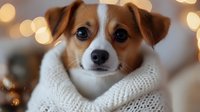 Adorable Jack Russell mix puppy wearing cozy white knit scarf with festive bokeh lights in background, looking at camera with sweet expression and perked ears.