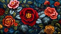 Vibrant red and coral roses with detailed petals and sage green leaves create dramatic floral composition on deep navy background. Decorative botanical pattern.