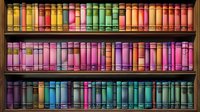 Colorful vintage books arranged on wooden library shelves creating rainbow pattern. Multicolored book spines in organized rows showcase vibrant spectrum of literature collection.