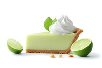 Slice of key lime pie with whipped cream topping and fresh lime halves on white background, classic American dessert isolated for food photography.