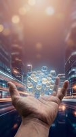 Hand holding glowing cube blocks above urban cityscape with bokeh lights and digital network connections, representing data management, technology innovation, and business growth solutions.