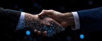 Business handshake transforming into digital particles with glowing blue light effect on dark background, symbolizing digital transformation and partnership.