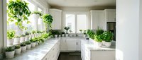 Modern white kitchen interior filled with lush green houseplants on marble countertops creating fresh botanical atmosphere for home decor inspiration.