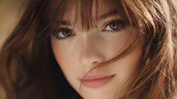 Young woman with brown hair and natural makeup in warm sunlight against dark background, closeup portrait showing flawless skin and windswept bangs.