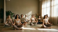 Group of diverse women practicing yoga meditation in peaceful studio with natural sunlight streaming through windows creating serene wellness atmosphere.