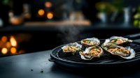 Fresh oysters grilling on cast iron pan with aromatic herbs and spices, warm bokeh lights creating elegant restaurant atmosphere for gourmet seafood dining experience.