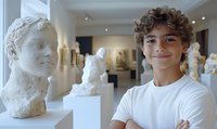 Young curly-haired boy smiling in museum gallery with ancient marble sculptures and classical art exhibits in background for educational content.