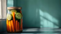 Fresh carrots and cucumber slices in glass mason jar for pickling or fermentation against teal wall with dramatic window light and shadows.