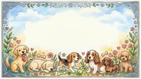 Watercolor frame with cute cartoon dogs, puppies, flowers, and hearts on white background, isolated and ready for greeting cards or nursery prints.