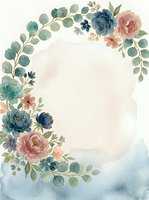 Watercolor floral wreath frame with dusty blue and pink roses, eucalyptus leaves, soft pastel tones, copy space for wedding or greeting card.