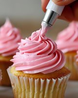 Pink buttercream frosting being piped onto fresh vanilla cupcake in swirled pattern, close-up view showing pastry bag and decorating technique in action.