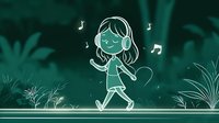 Young girl walking with headphones enjoying music, dancing and listening to tunes on green nature background, white line art illustration style for music apps and lifestyle designs.