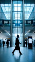 Businessman in dark suit walking through modern metro station with symmetrical glass architecture, skylights, and other commuters in motion blur, urban transportation hub.
